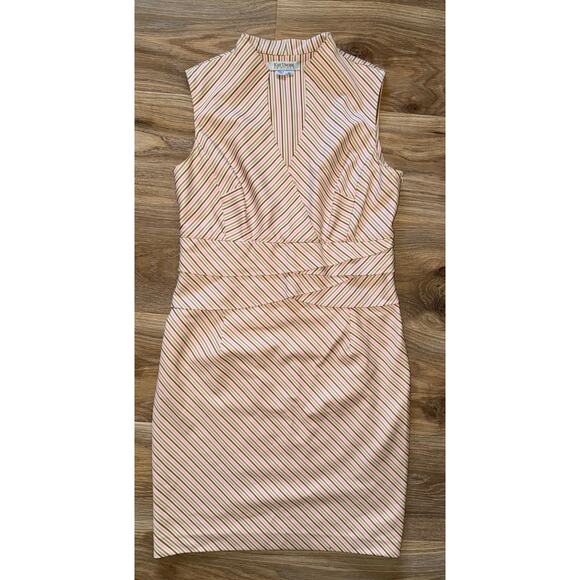 Kay Unger New York Sleeveless Pink/Cream/Gray Stripe V-Neck Dress - size 12 - Picture 1 of 13